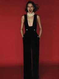 Woman in a black jumpsuit and thick pearl choker shouting against a solid red background