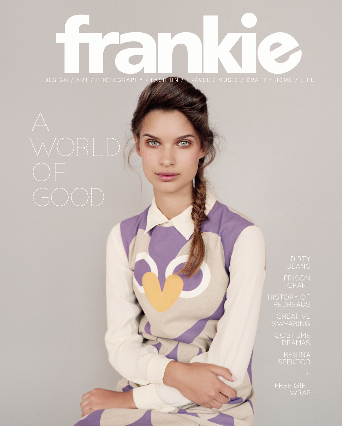 Frankie magazine cover featuring a young woman in a patterned dress, posing against a grey backdrop with magazine text overlay.