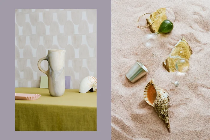 Two panel still life styling featuring a ceramic pitcher on olive linen and objects on pink sand by Jessica Hanson