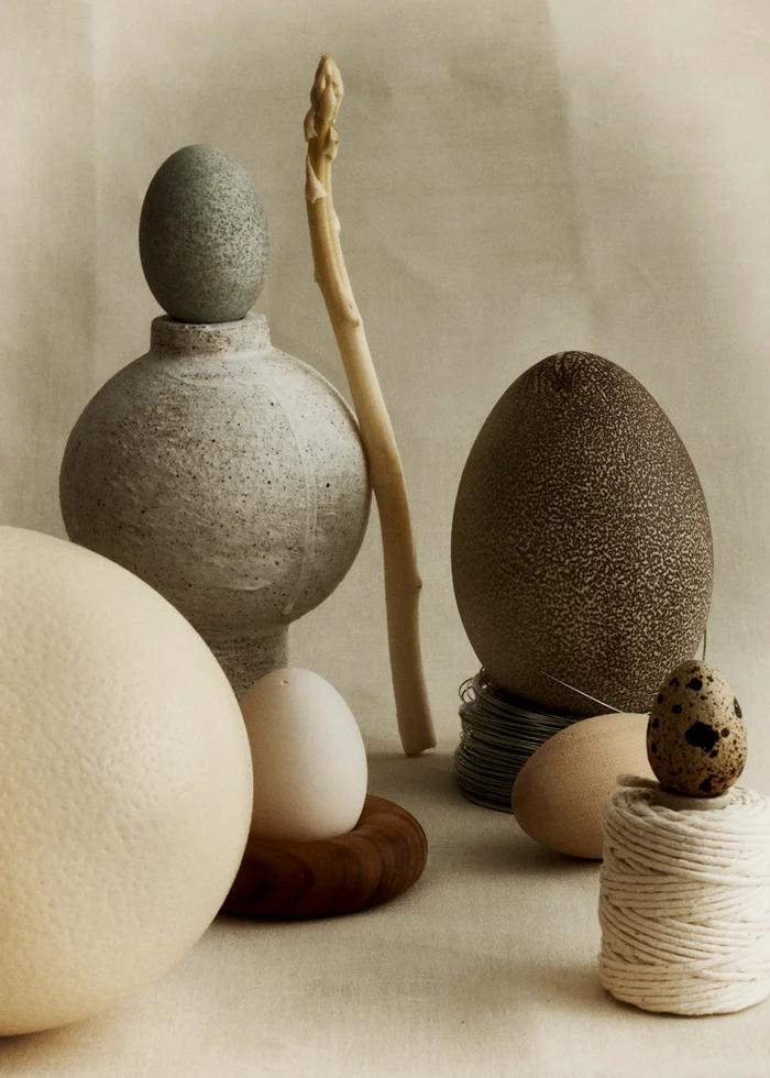 Still life arrangement of various eggs, a ceramic vessel, and a white asparagus spear on a textured neutral fabric backdrop.