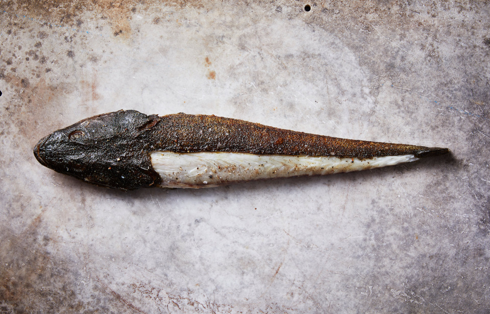 Overhead shot of a cooked fish, showcasing its textured skin and light-colored flesh on a mottled grey surface, food photography.