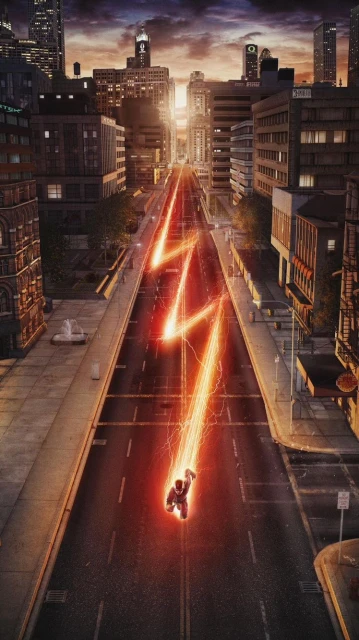 Digital artwork of a figure running along an urban street with a trail of red and orange light, set against a backdrop of tall buildings.