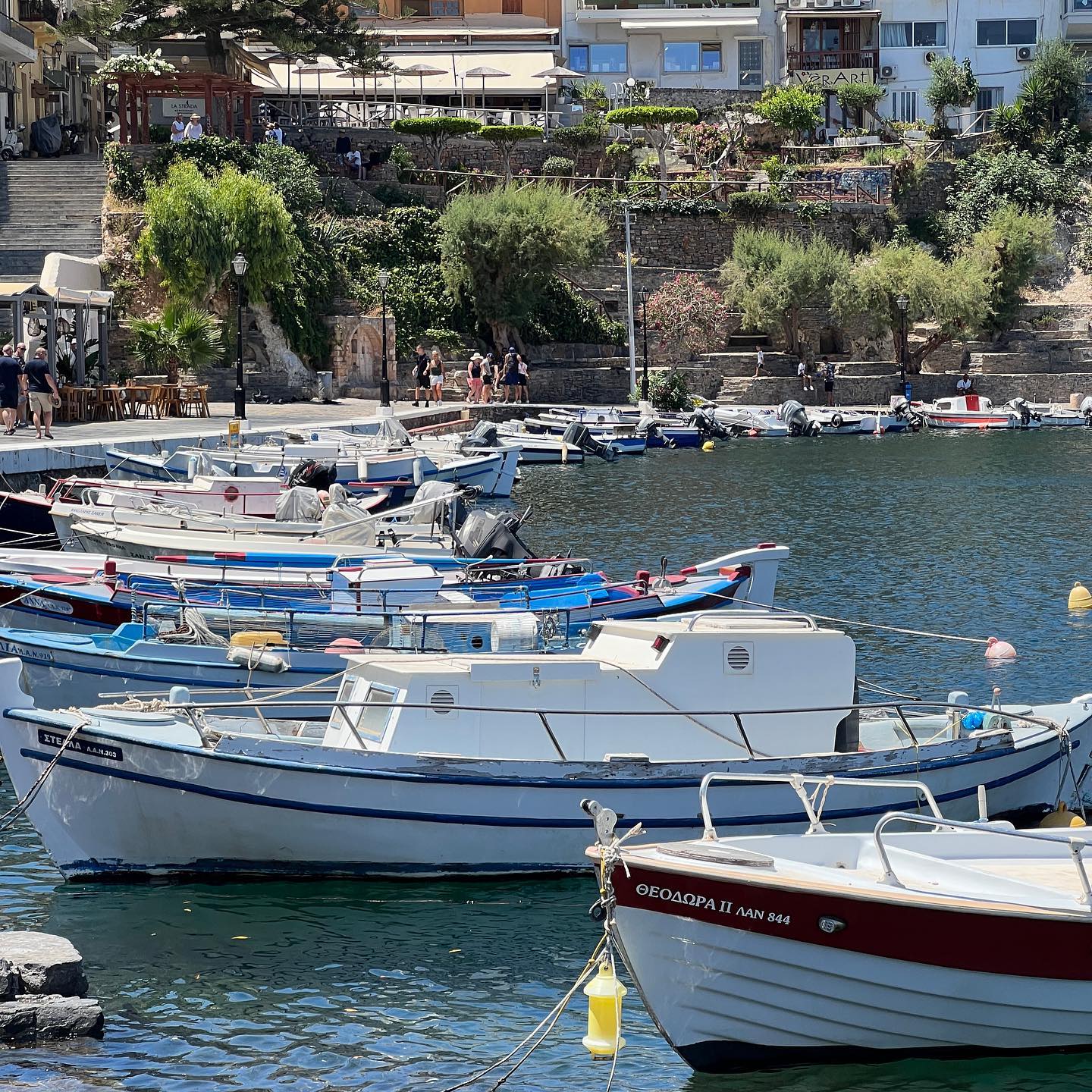 Scenic harbor view featuring a row of white fishing boats in the foreground and a coastal town with lush greenery in the background.