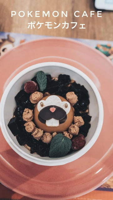 Overhead shot of a white bowl filled with a Pokemon-themed dessert featuring a Bidoof character, chocolate, berries, and mint leaves.