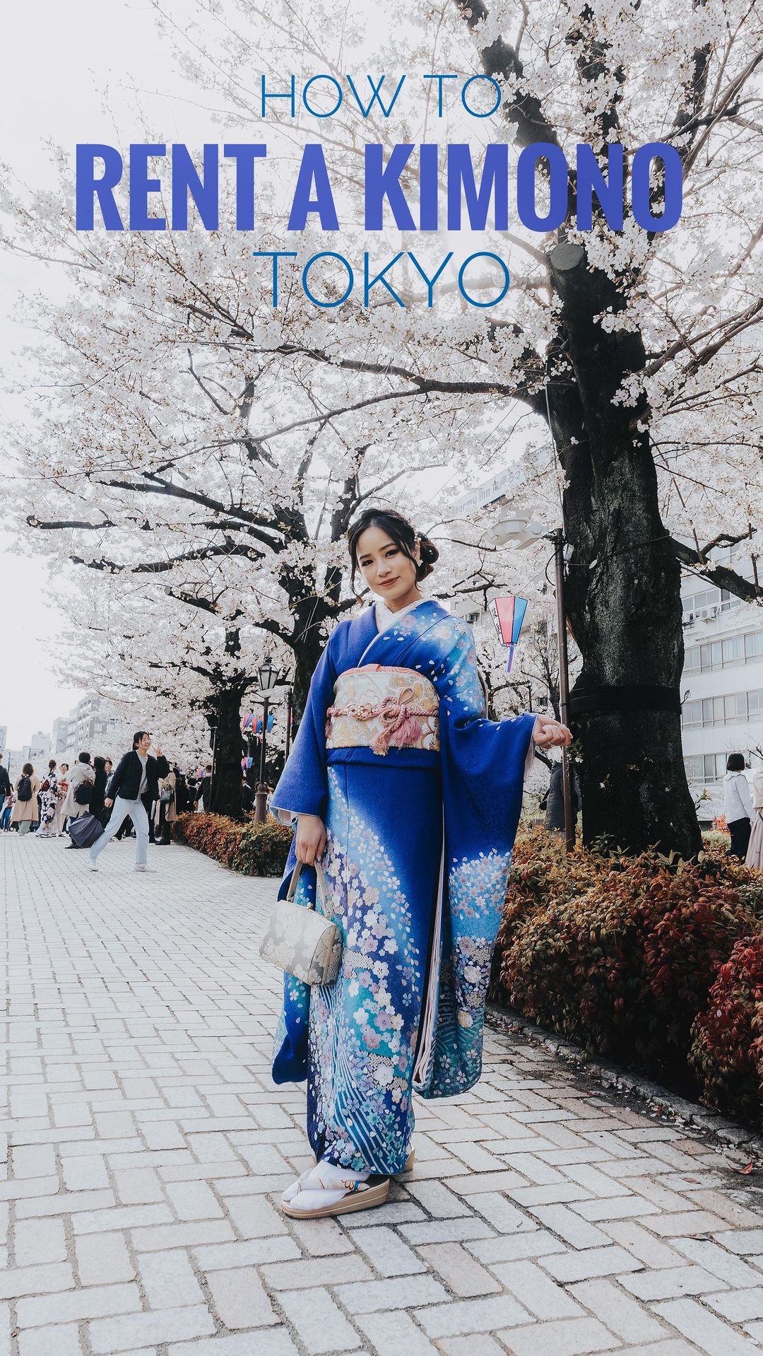 Asian woman in blue kimono stands on stone path under blooming trees in Tokyo, Japan, holding a purse, and wearing sandals.