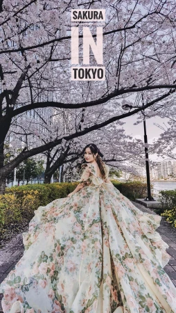 Woman in floral gown stands under cherry blossom trees in Tokyo, showcasing a blend of nature, fashion, and Japanese urban landscape.