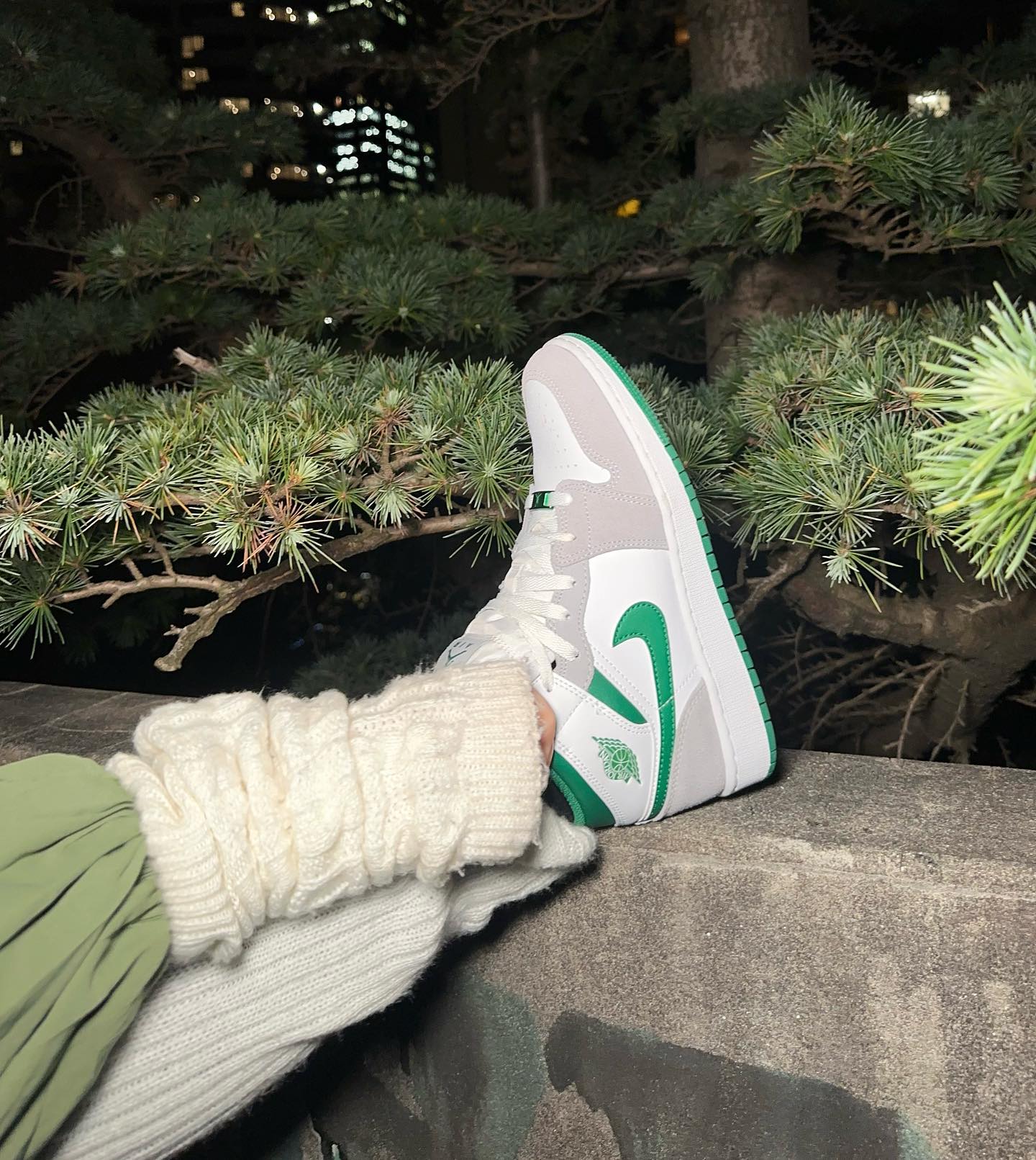 Close-up of green and white sneaker on concrete ledge with pine tree branch and high-rise buildings in background at night.