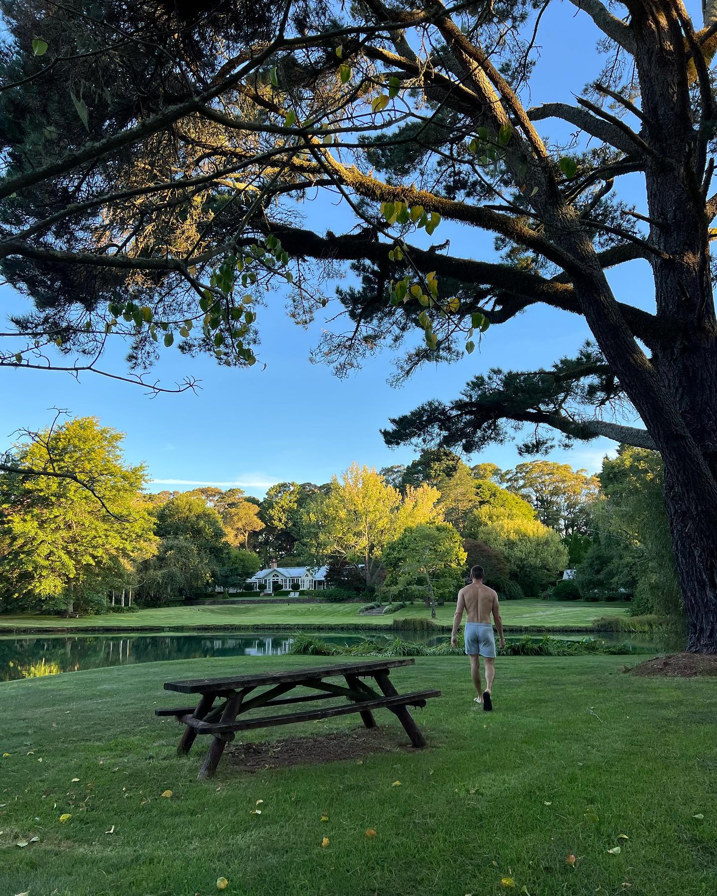 Man walks shirtless on a lawn near a pond with a picnic table, trees, and a house in the background under a blue sky.