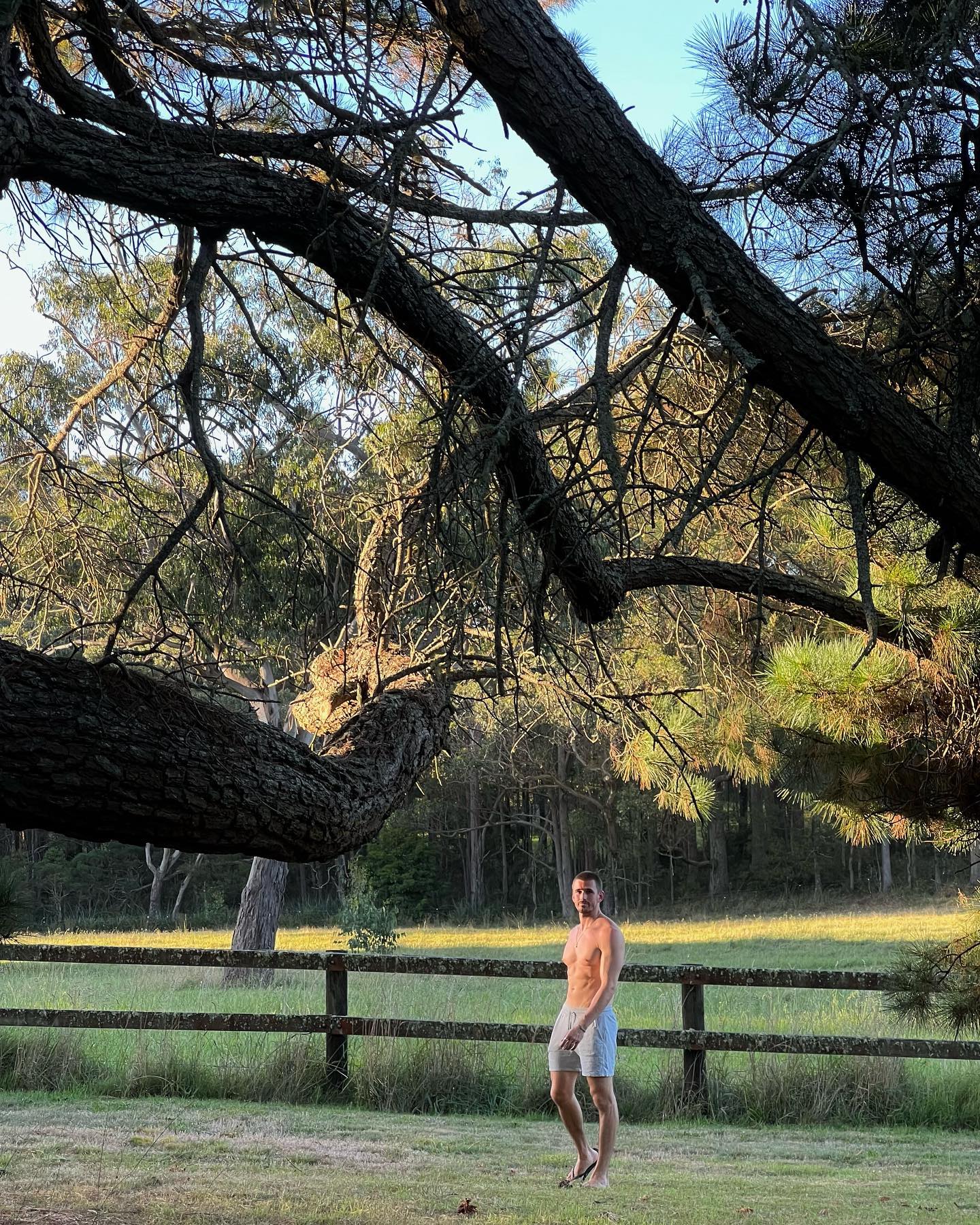 Adult male stands shirtless in a grassy field with a partial wooden fence, tree branches in foreground, and other trees in the background.