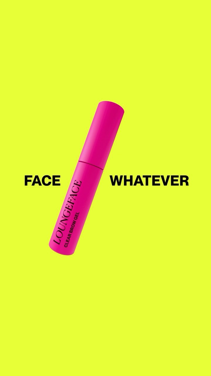 Close-up of Loungeface Clear Brow Gel against a yellow background with the words 'Face Whatever' surrounding the product.