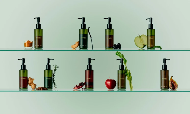 Bottles of Ikari product displayed on glass shelves with fruit, vegetables, and spices against a soft green gradient background.