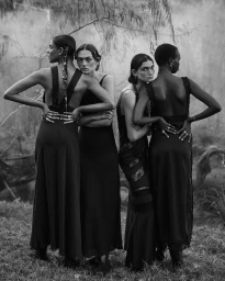 Four female models in black dresses standing together outdoors in a moody, misty natural landscape by Bruna Volpi.