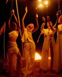 Four women in white outfits holding lit sparklers up in the air at night on a beach, directed by Bruna Volpi in Sydney.