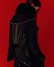 Model seen from behind wearing a black coat with yellow stitching and a fur collar against a solid red background
