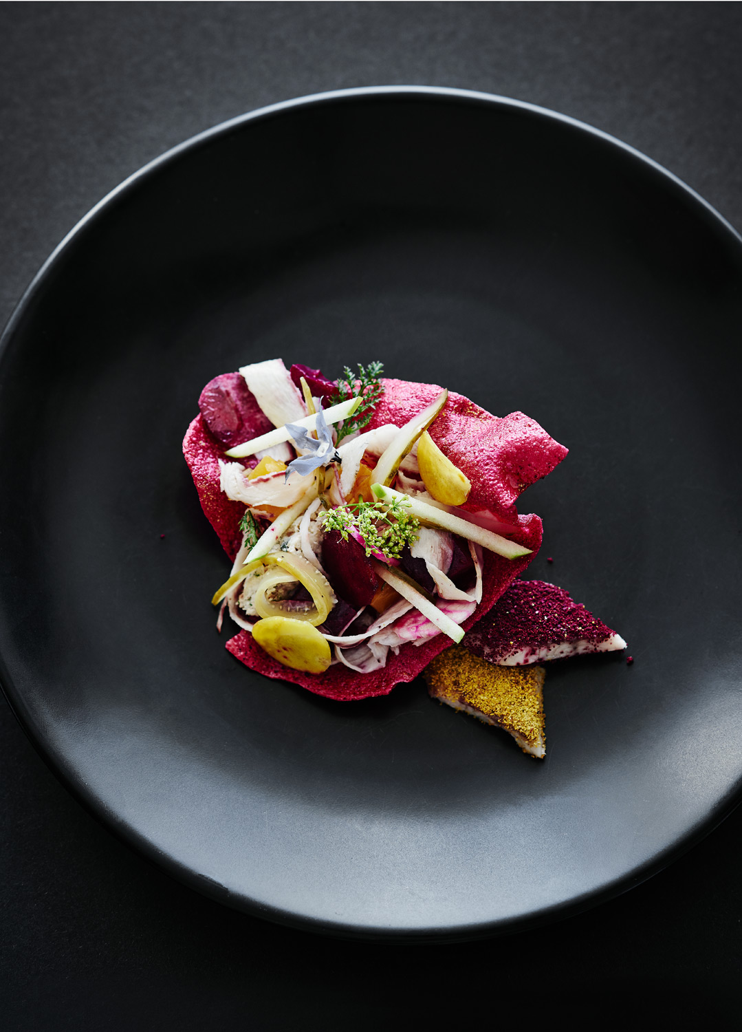 Overhead shot of an artistic food presentation on a black plate, featuring vibrant pink chips, white vegetable strands, and green herbs.