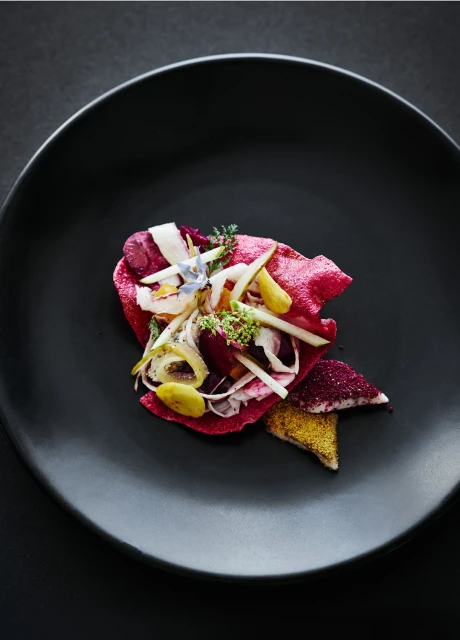 Overhead shot of an artistic food presentation on a black plate, featuring vibrant pink chips, white vegetable strands, and green herbs.