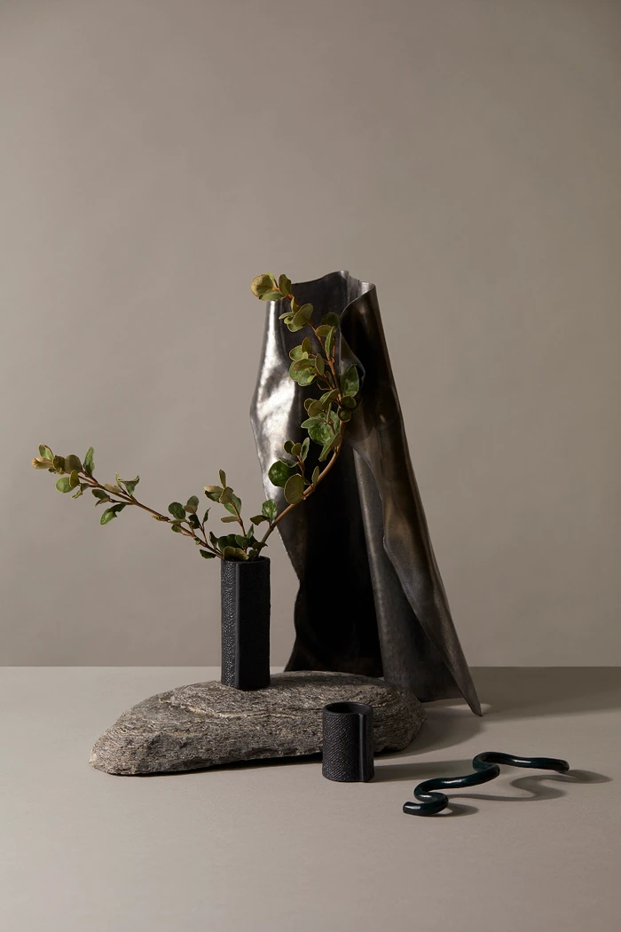 Minimalist still life arrangement with botanical branches in a black vase resting on a grey stone against a neutral backdrop