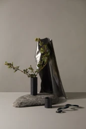 Minimalist still life arrangement with botanical branches in a black vase resting on a grey stone against a neutral backdrop