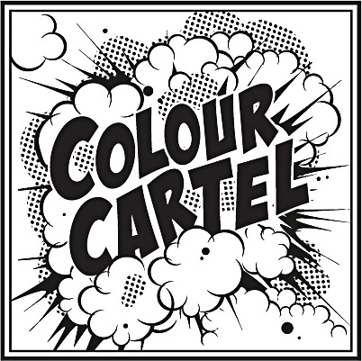 High-contrast black and white graphic art featuring the text 'COLOUR CARTEL' surrounded by halftone patterns and explosion shapes.