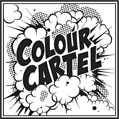High-contrast black and white graphic art featuring the text 'COLOUR CARTEL' surrounded by halftone patterns and explosion shapes.