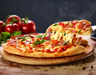 Slice of cheesy pizza being lifted with strings of melted cheese stretching down to a whole pizza on a wooden board.
