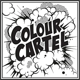 Monochrome pop art style comic book illustration featuring the text COLOUR CARTEL inside stylized explosion clouds and halftone dots.