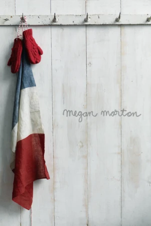 Red knit mittens and a tricolor cloth hanging from hooks on a white paneled wooden wall styled by Megan Morton