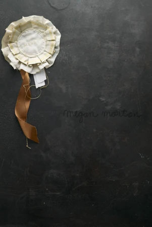 Cream and white fabric award rosette with a long brown ribbon on a dark textured background