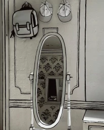 An illustrative style 2D-sketched room interior featuring an oval standing mirror, a backpack, and two caps on the wall.
