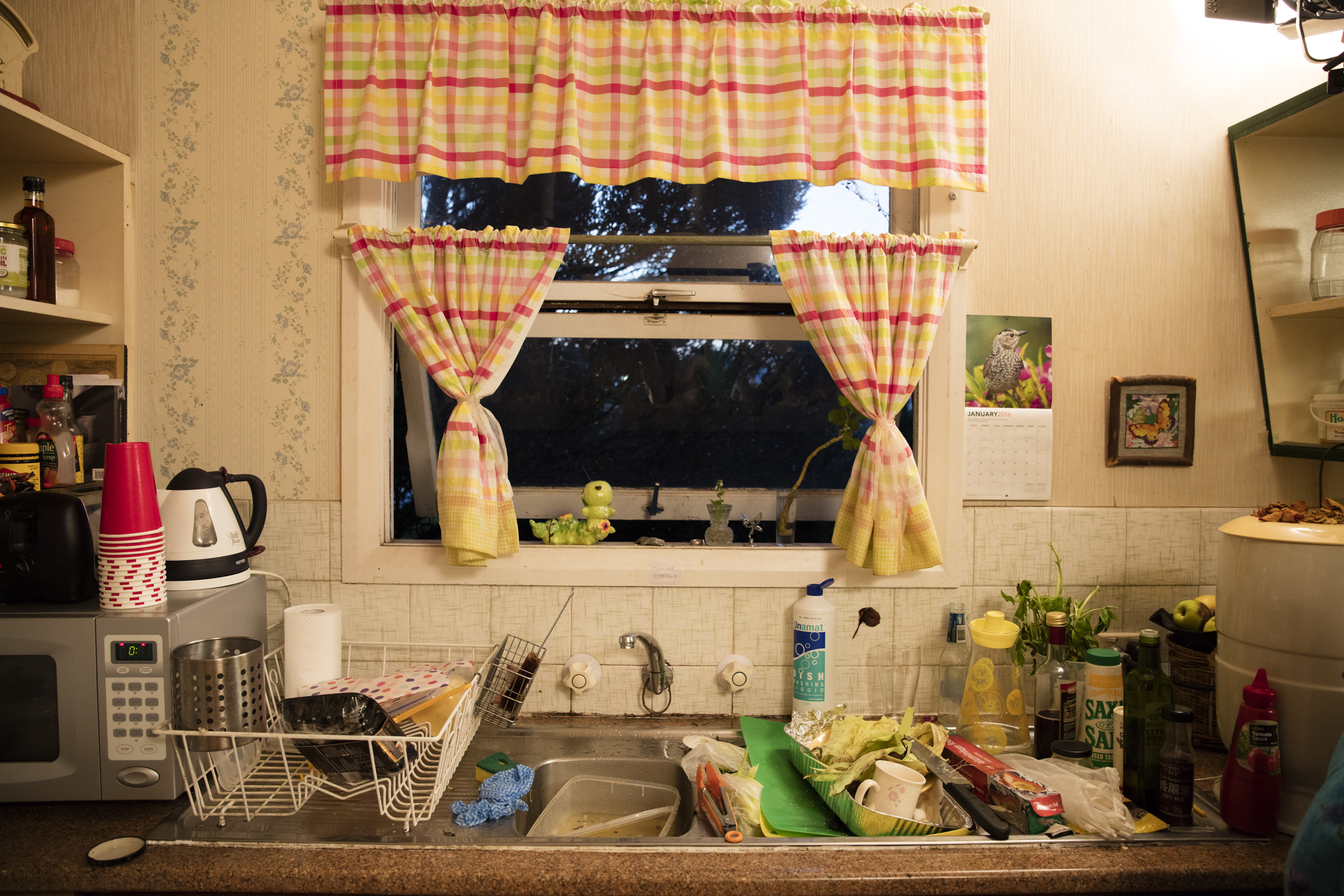 Busy domestic kitchen interior with a cluttered sink, open shelving, and plaid curtains over a window providing natural light.