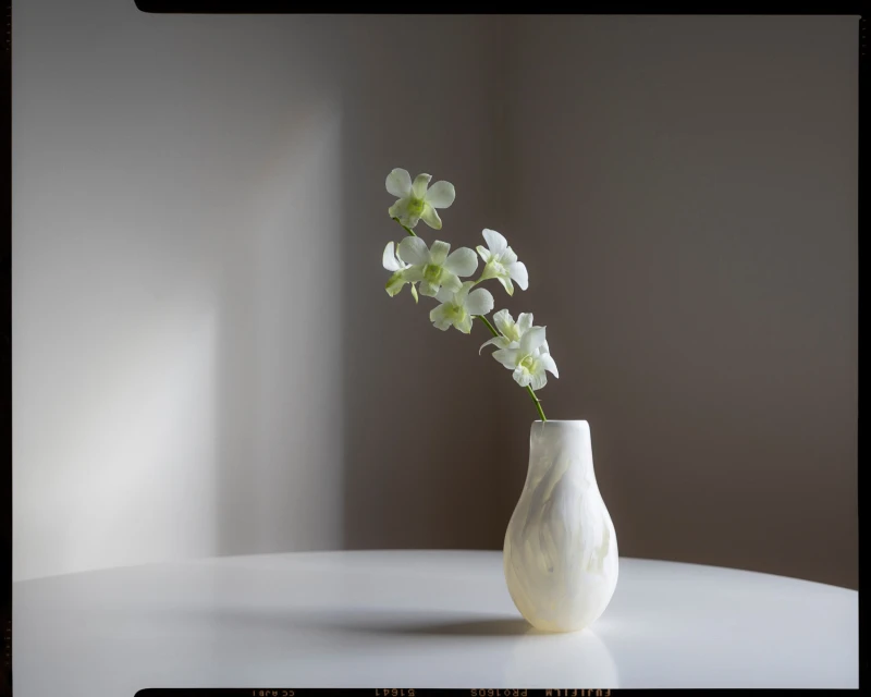 Elegant still life featuring a white orchid in a white vase against a soft grey background, showcasing minimal design and natural light.