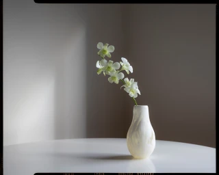 A white ceramic vase holding a stem of white orchid flowers sitting on a round white table against a soft wall background.