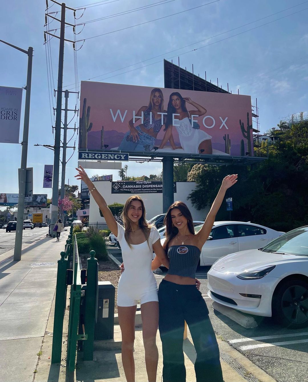 Two young women pose outdoors next to a White Fox billboard. They are smiling with arms raised in front of parked cars.