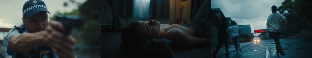 Three scenes show a police officer aiming a gun, a shirtless man lying down, and two people running away, creating a sense of drama.