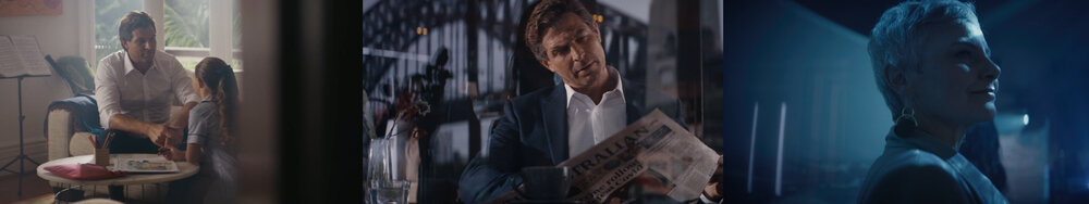 Three distinct vignettes: A father & child drawing, a man reading a newspaper, and a close-up of a person in dark lighting.