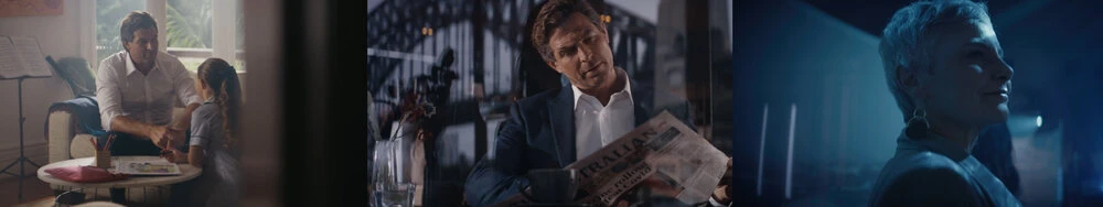 Three distinct vignettes: A father & child drawing, a man reading a newspaper, and a close-up of a person in dark lighting.