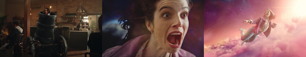 Three-panel image shows a woman in a coffee shop emerging from a barrel, a screaming woman, and a flying woman in the clouds.