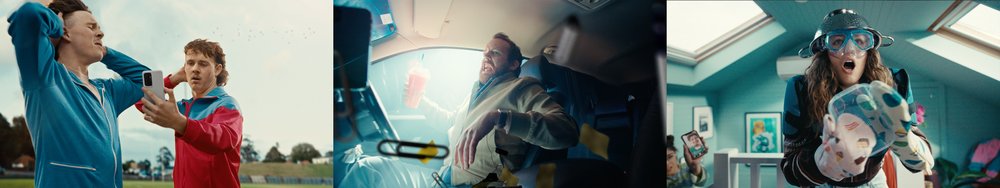 Three scenes show men in various situations: two outdoors, one in a car, and one indoors with helmet and gloves.