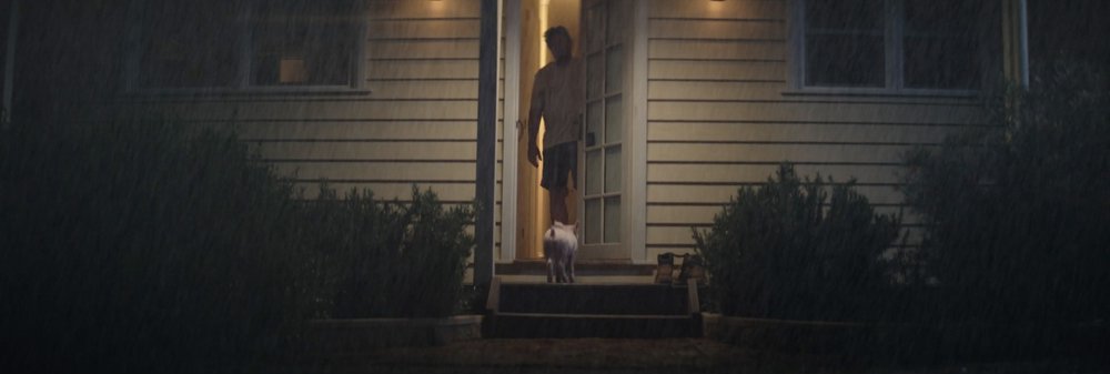Adult male and white dog standing on the porch of a home at night during a rain shower under the warm glow of porch lights.