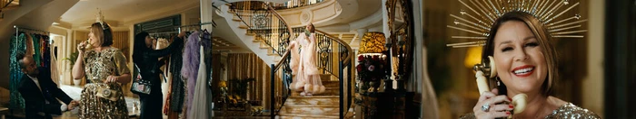 Triptych of a woman in a gold sequin dress and ornate crown speaking on a vintage rotary telephone inside a luxury home.