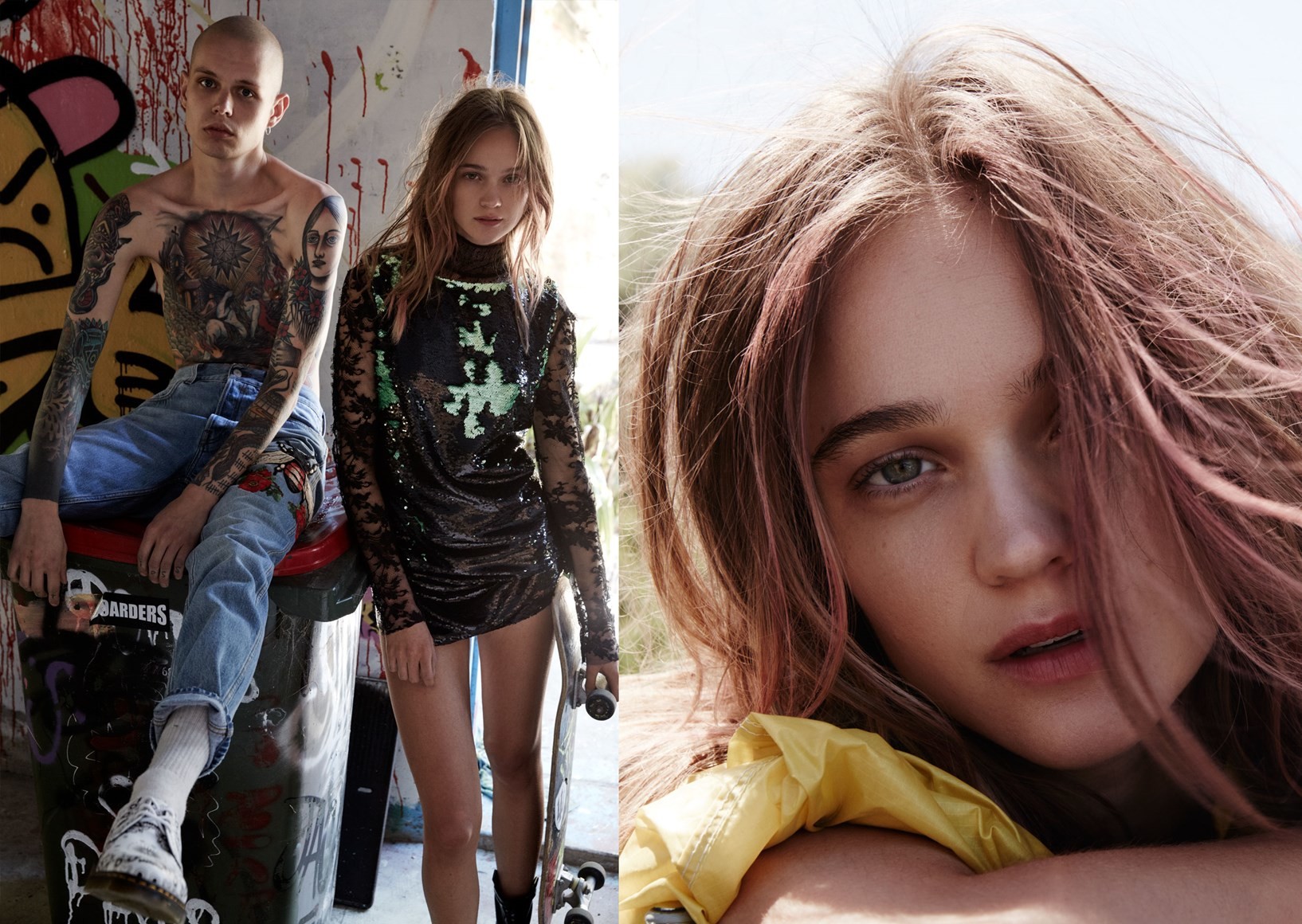 Fashion editorial shot of two models: a tattooed man and a young woman in a sequin dress, complemented by a close-up beauty shot of the woman.