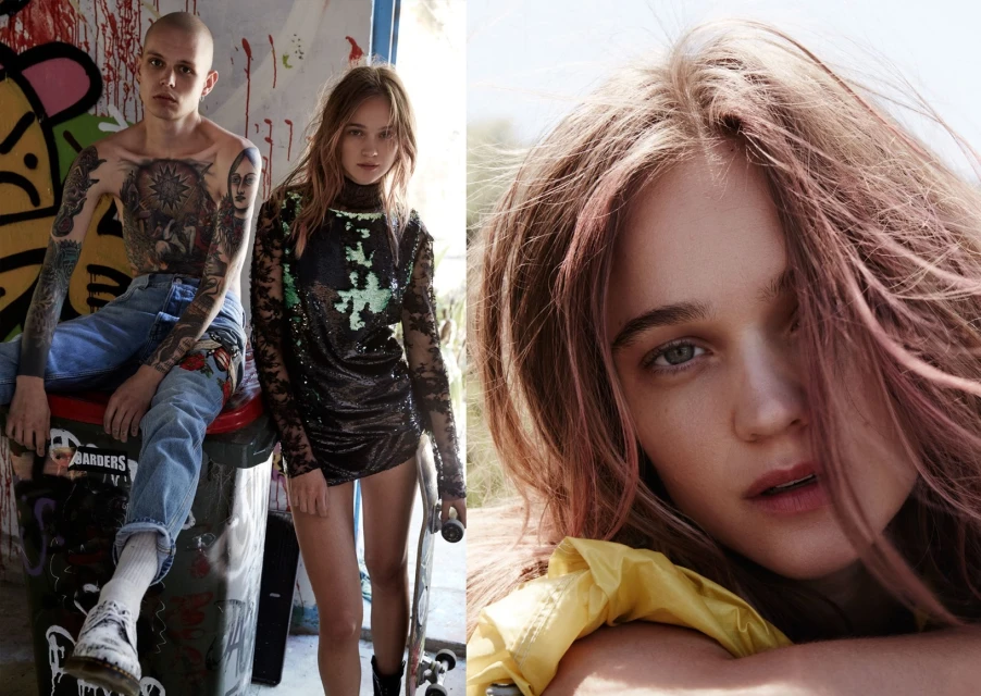 Fashion editorial shot of two models: a tattooed man and a young woman in a sequin dress, complemented by a close-up beauty shot of the woman.