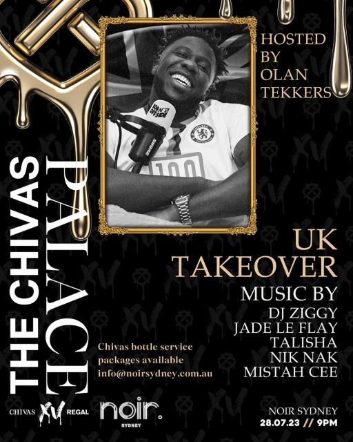 UK Takeover event promo featuring Olan Tekkers in a black-and-white photo inside an ornate gold frame, set against a black and gold background.