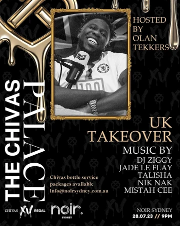 UK Takeover event promo featuring Olan Tekkers in a black-and-white photo inside an ornate gold frame, set against a black and gold background.
