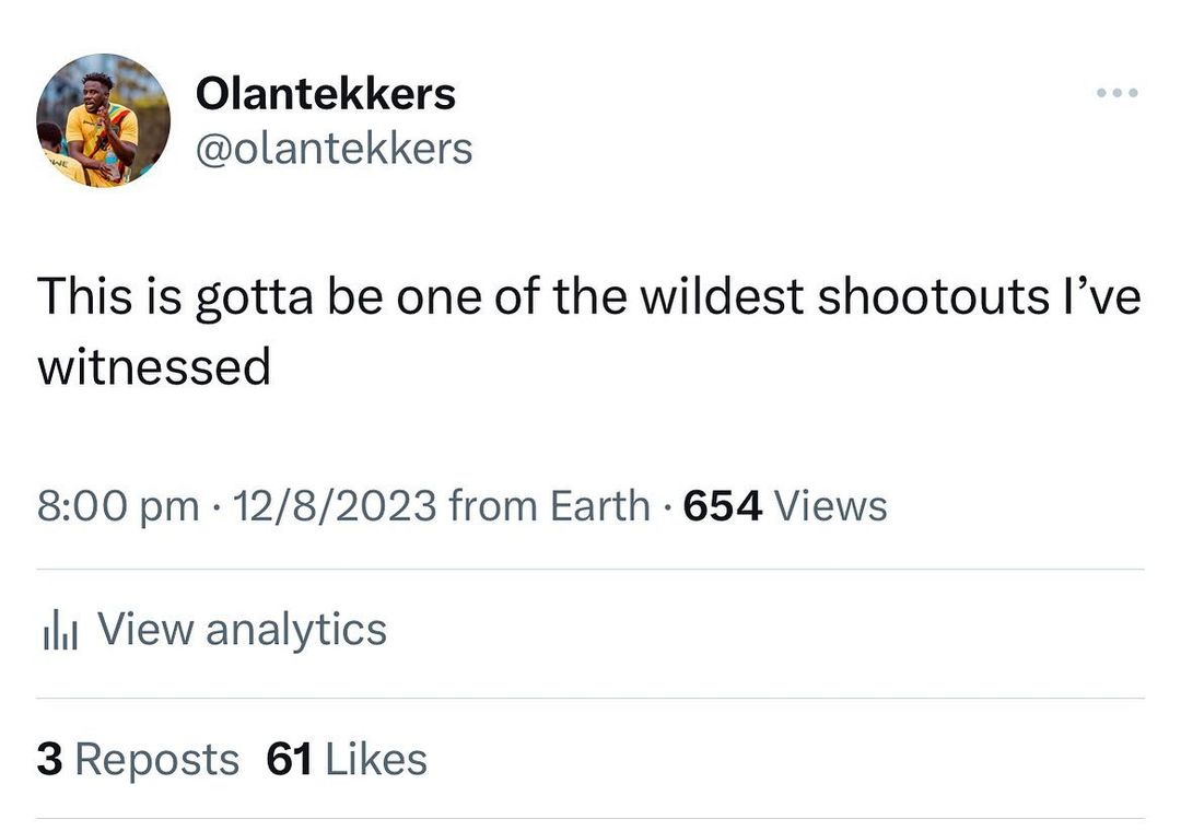 Screenshot of a social media post by Olantekkers with text about a 'wildest shootout,' plus time, date, and user engagement metrics.