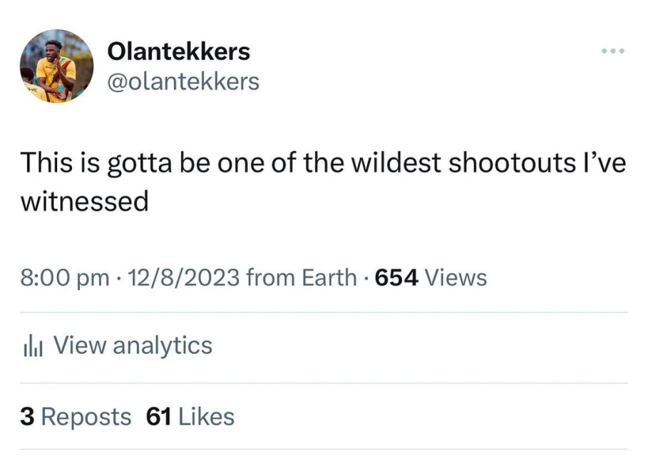 Screenshot of a social media post by Olantekkers with text about a 'wildest shootout,' plus time, date, and user engagement metrics.