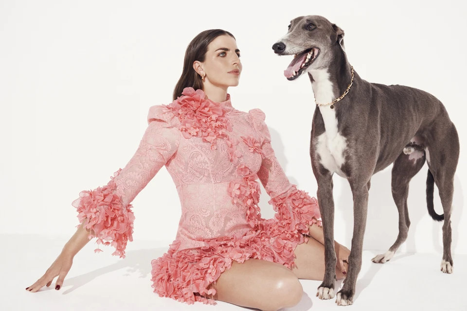 An adult woman in a pink dress poses seated with a greyhound dog in a bright, minimalist photo studio with a white background.