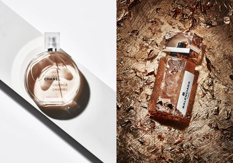 Two perfume bottles, one Chanel on white, the other Balenciaga on gold leaf, showcasing beauty and luxury product photography.