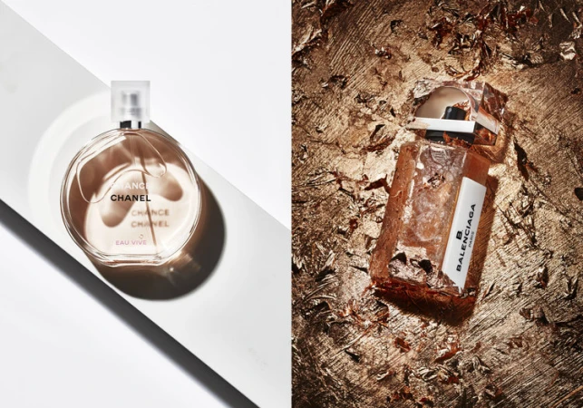 Two perfume bottles, one Chanel on white, the other Balenciaga on gold leaf, showcasing beauty and luxury product photography.
