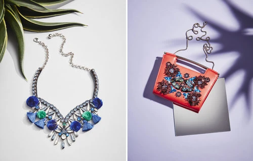 Diptych of jewellery and accessories by photographer Pete Daly featuring a blue crystal statement necklace and coral handbag.